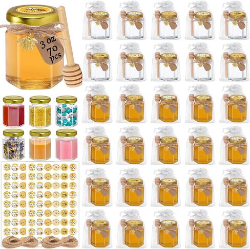 Aliggbent 48 Pack Mini Honey Jars Party Favors in Bulk, 1.5 oz Small Hexagon Glass Honey Jars with Dippers, Lids, Cute Stickers, Bee Charms, Gift Bags and Jute for Baby Showers, Weddings & Birthdays in Kuwait
