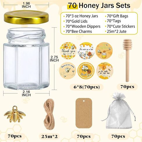Aliggbent 48 Pack Mini Honey Jars Party Favors in Bulk, 1.5 oz Small Hexagon Glass Honey Jars with Dippers, Lids, Cute Stickers, Bee Charms, Gift Bags and Jute for Baby Showers, Weddings & Birthdays in Kuwait