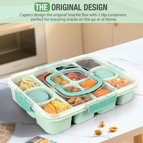Caperci Original Snackle Box Container-10 مقاطع مقسمة للوجبات الخفيفة مع صينية تقديم الغطاء والمقبض ، وحاويات مضغوطة ، ومقاومة للتسرب ، وآمنة غسالة الصحون ، و BPA-Freen (Mint Green) in Saudi Arabia