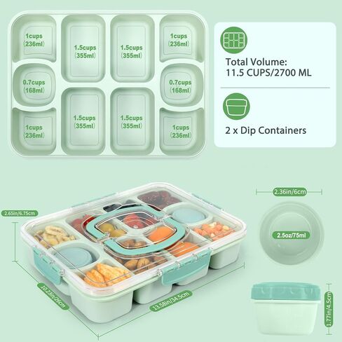 Caperci Original Snackle Box Container-10 مقاطع مقسمة للوجبات الخفيفة مع صينية تقديم الغطاء والمقبض ، وحاويات مضغوطة ، ومقاومة للتسرب ، وآمنة غسالة الصحون ، و BPA-Freen (Mint Green) in Saudi Arabia