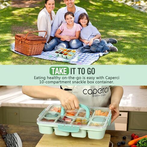 Caperci Original Snackle Box Container-10 مقاطع مقسمة للوجبات الخفيفة مع صينية تقديم الغطاء والمقبض ، وحاويات مضغوطة ، ومقاومة للتسرب ، وآمنة غسالة الصحون ، و BPA-Freen (Mint Green) in Saudi Arabia