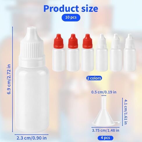 10 PCS (6 Bottles + 4 Funnel) 15ml (0.5oz) Small Plastic Dropper Bottles - White & Red Eye Liquid Dropper Bottles, Squeezable & Portable Travel Containers for Eye Drops, Refillable with Cap and Plug in Saudi Arabia