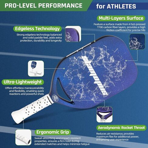 Pro Pickleball Paddle | T700 مجاذيف ألياف الكربون مع بلولك بلوتين مع البوليمرات البوليمرية البوليمرية الأساسية والاضطرابات الزائدة | قسط المخلل الكرة مضرب تحسن ودوران والطاقة | وافق USAPA in Kuwait