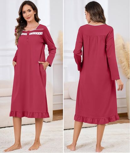 Bloggerlove 100% Womens Cotton Nightgown Short/Long Sleeve House Dress with Pockets Sleep Dress S-3XL in Kuwait