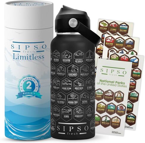 زجاجة ماء Sipso National Parks - تساعد أرباح 100 ٪ الأشخاص ذوي الإعاقة - 32 أوقية معزولة مع 63 ملصقًا مقاومًا للماء - هدية متاجر USA خالية من BPA للمشي لمسافات طويلة ، التخييم ، السفر (أسود) in Saudi Arabia