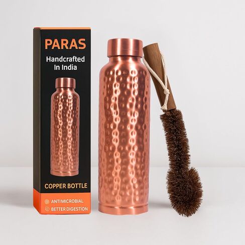 Handcrafted Ayurvedic PARAS Copper Water Bottle - 34oz, Hammered Finish, Leak Proof Lid - Improves Metabolism and Boosts Immunity, With cleaning Brush in Saudi Arabia