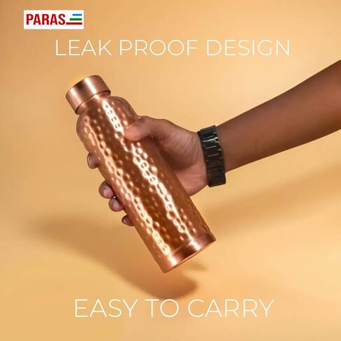 Handcrafted Ayurvedic PARAS Copper Water Bottle - 34oz, Hammered Finish, Leak Proof Lid - Improves Metabolism and Boosts Immunity, With cleaning Brush in Saudi Arabia