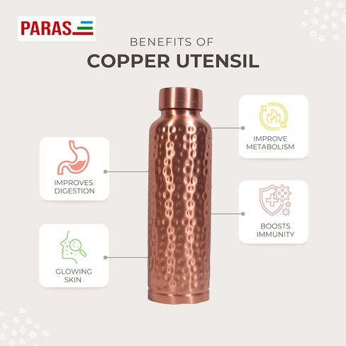 Handcrafted Ayurvedic PARAS Copper Water Bottle - 34oz, Hammered Finish, Leak Proof Lid - Improves Metabolism and Boosts Immunity, With cleaning Brush in Saudi Arabia