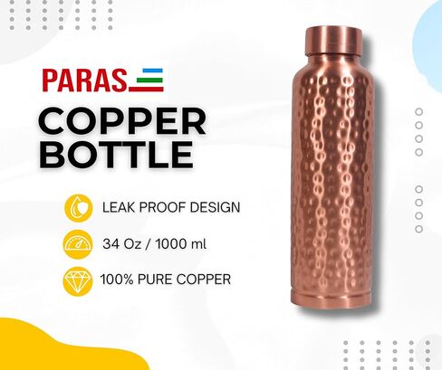 Handcrafted Ayurvedic PARAS Copper Water Bottle - 34oz, Hammered Finish, Leak Proof Lid - Improves Metabolism and Boosts Immunity, With cleaning Brush in Saudi Arabia