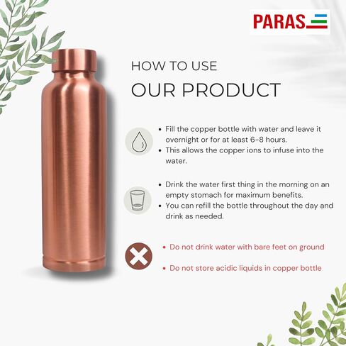 Handcrafted Ayurvedic PARAS Copper Water Bottle - 34oz, Hammered Finish, Leak Proof Lid - Improves Metabolism and Boosts Immunity, With cleaning Brush in Saudi Arabia