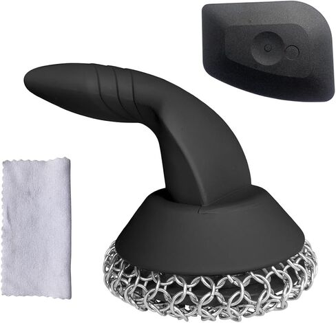 Cast Iron Scrubber with Pan Scraper & Towl, 316 Chainmail Scrubber with Long Handle, Upgraded Chain Mail Scrubber Cleaner for Grill Pan Skillet Wok Carbon Steel Dutch Oven Metal Brush (Black) in Kuwait