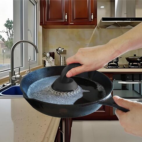 Cast Iron Scrubber with Pan Scraper & Towl, 316 Chainmail Scrubber with Long Handle, Upgraded Chain Mail Scrubber Cleaner for Grill Pan Skillet Wok Carbon Steel Dutch Oven Metal Brush (Black) in Kuwait