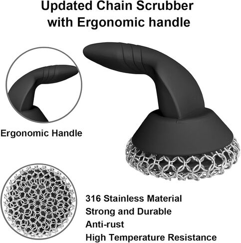 Cast Iron Scrubber with Pan Scraper & Towl, 316 Chainmail Scrubber with Long Handle, Upgraded Chain Mail Scrubber Cleaner for Grill Pan Skillet Wok Carbon Steel Dutch Oven Metal Brush (Black) in Kuwait