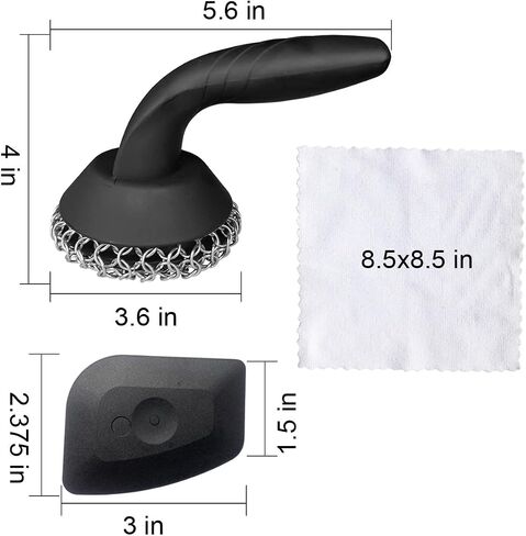 Cast Iron Scrubber with Pan Scraper & Towl, 316 Chainmail Scrubber with Long Handle, Upgraded Chain Mail Scrubber Cleaner for Grill Pan Skillet Wok Carbon Steel Dutch Oven Metal Brush (Black) in Kuwait