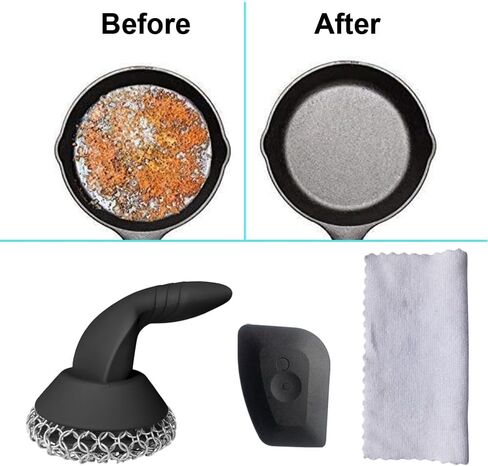Cast Iron Scrubber with Pan Scraper & Towl, 316 Chainmail Scrubber with Long Handle, Upgraded Chain Mail Scrubber Cleaner for Grill Pan Skillet Wok Carbon Steel Dutch Oven Metal Brush (Black) in Kuwait