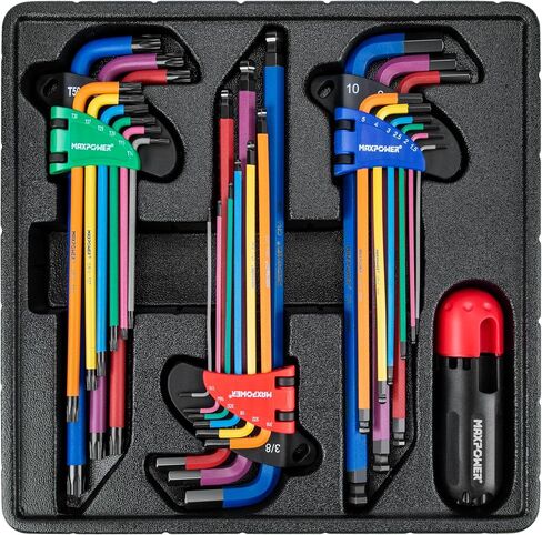 MAXPOWER Allen Wrenches Sets, 27-Piece Allen Key Wrench Set Includes SAE (1/6-3/8"), Metric (1.5-10mm), Torx (T10-T50), Extra Long Arm Ball & Torx End Hex Key Set with T-Handle in Saudi Arabia