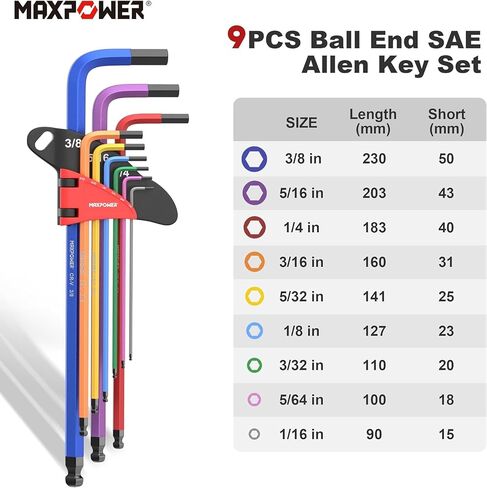 MAXPOWER Allen Wrenches Sets, 27-Piece Allen Key Wrench Set Includes SAE (1/6-3/8"), Metric (1.5-10mm), Torx (T10-T50), Extra Long Arm Ball & Torx End Hex Key Set with T-Handle in Saudi Arabia