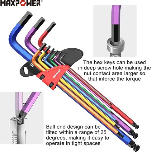MAXPOWER Allen Wrenches Sets, 27-Piece Allen Key Wrench Set Includes SAE (1/6-3/8"), Metric (1.5-10mm), Torx (T10-T50), Extra Long Arm Ball & Torx End Hex Key Set with T-Handle in Saudi Arabia
