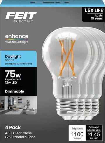 Feit Electric Electric A19 LED LID ، 75W ما يعادلها ، 1100 لومن ، وضوء النهار 5000K ، قابلاً للذات ، زجاج واضح ، قاعدة E26 ، 12W ، مصابيح LED للأغراض العامة ، عمر 17000 ساعة ، A1975CL950CA/FIL4/GB ، 4 Pack in Kuwait