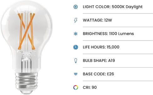 Feit Electric Electric A19 LED LID ، 75W ما يعادلها ، 1100 لومن ، وضوء النهار 5000K ، قابلاً للذات ، زجاج واضح ، قاعدة E26 ، 12W ، مصابيح LED للأغراض العامة ، عمر 17000 ساعة ، A1975CL950CA/FIL4/GB ، 4 Pack in Kuwait