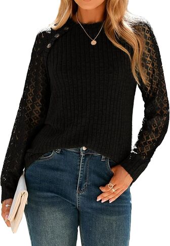 Glamaker Womens Long Sleeve Shirts Fall Lace Tunic Tops Dressy Crewneck Hollow Out Blouses Casual Sweaters 2025 in Kuwait