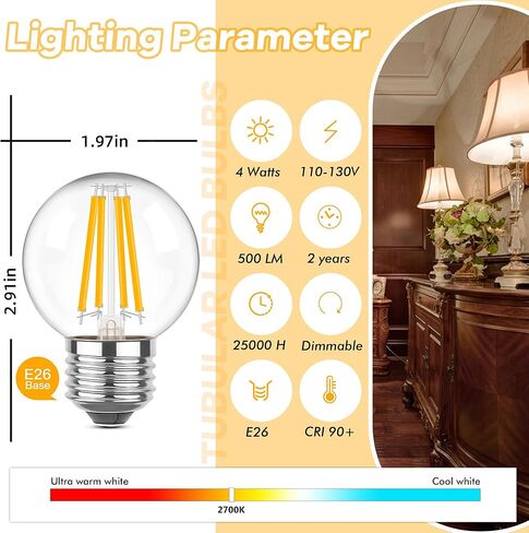 مصابيح مصباح LED قابلة للضوء E26 40 واط ، G16.5 4 واط صغير Edison Globe لمبة ، 2700K بيضاء بيضاء دافئة مصباح ضوء خمر للإضاءة المنزلية أو التجارية ، 500 لتر ، 120 فولت ، 3pcs in Kuwait
