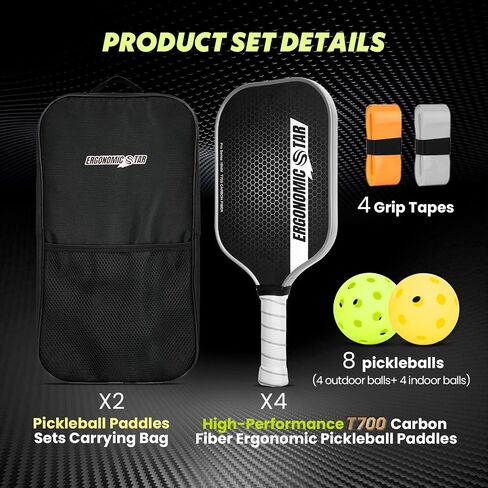 Pickleball Paddles Set,T700 Carbon Fiber Light Weight 16MM Pickleball Rackets with Balls and Grip Tapes Bag for Beginner to Advanced Elite Series in Saudi Arabia