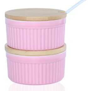 Salt and Pepper Bowls, 8OZ Ceramic Spice Cellars with Lid and Spoon For Kitchen, Condiment dispensers,Stacking Container for Salt, Pepper,Sugar, Spice, Set 0f 2. (Pink) in Saudi Arabia