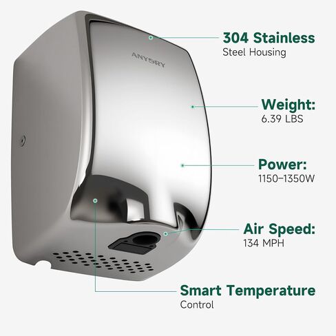 Compact Hand Dryer, High-Speed 1350W Airflow, Polished Stainless Steel Finish, Space-Saving for Commercial & Home Use, Model 2803Y in Saudi Arabia