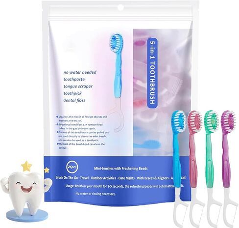 26Pack 5 in 1 Toothbrush & Floss,5 in 1 mini Toothbrush & Floss & Tongue Scraper & Toothpick Set,Disposable Toothbrushes with Toothpaste, Portable Oral Care for Travel Work (1bag) (1 Bag) in Kuwait
