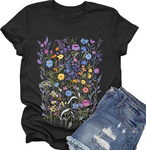 Women's Floral Graphic Loose Tees Boho Wildflower T-Shirt Short Sleeve Casual Tops in Saudi Arabia