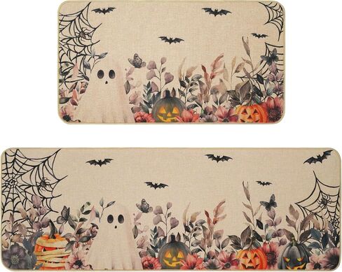 Mehofond Halloween Kitchen Mats مجموعة من 2 ، فانوس اليقطين الزهور Ghost Bat Eucalyptus Decortations Match Non Slip Prug للأرضية ، ومجموعة سجادة ديكور منزل عيد الهالوين 17 × 29 و 17 × 47 في in Saudi Arabia