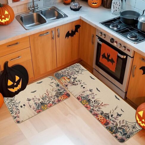 Mehofond Halloween Kitchen Mats مجموعة من 2 ، فانوس اليقطين الزهور Ghost Bat Eucalyptus Decortations Match Non Slip Prug للأرضية ، ومجموعة سجادة ديكور منزل عيد الهالوين 17 × 29 و 17 × 47 في in Saudi Arabia