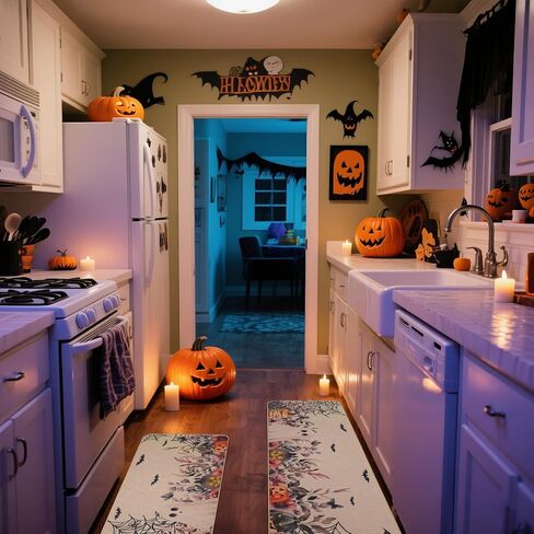 Mehofond Halloween Kitchen Mats مجموعة من 2 ، فانوس اليقطين الزهور Ghost Bat Eucalyptus Decortations Match Non Slip Prug للأرضية ، ومجموعة سجادة ديكور منزل عيد الهالوين 17 × 29 و 17 × 47 في in Saudi Arabia