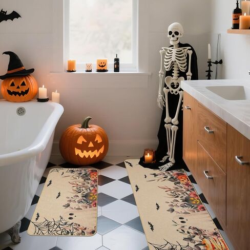 Mehofond Halloween Kitchen Mats مجموعة من 2 ، فانوس اليقطين الزهور Ghost Bat Eucalyptus Decortations Match Non Slip Prug للأرضية ، ومجموعة سجادة ديكور منزل عيد الهالوين 17 × 29 و 17 × 47 في in Saudi Arabia