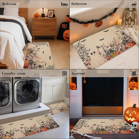 Mehofond Halloween Kitchen Mats مجموعة من 2 ، فانوس اليقطين الزهور Ghost Bat Eucalyptus Decortations Match Non Slip Prug للأرضية ، ومجموعة سجادة ديكور منزل عيد الهالوين 17 × 29 و 17 × 47 في in Saudi Arabia