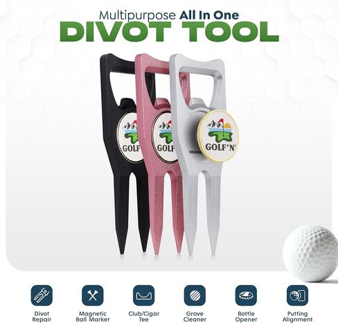 Golf'n Aluminium Golf Ball Marker Tool - Magnetic Ball Marker و Groove Cleaner & Bottle Pottic - Assient Golf Divot Tool لاعبي الجولف والتصميم الأنيق in Saudi Arabia