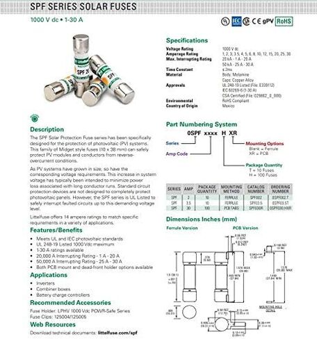 Littelfuse العلامة التجارية SPF 5 (SPF-5) 5AMP Solar الصمامات الكهروضوئية 1000 VDC in Saudi Arabia