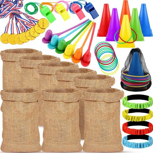 Deekin 51 PCS Carnival Outdoor Games for Kids ، 8 Pack 24''x40 '' Potato Sack Race Bags 3 Beads Race Begh egg spoon rehs romosts rebistles for family yard lawn easter games in Saudi Arabia