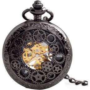 Steampunk Vintage Luminous Roman Letters Skeleton Mechanical Pocket Watch with Chain (Gear Black) in Saudi Arabia