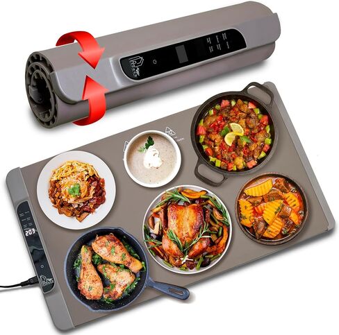 Food Warming Mat - Fast Heating Silicone Electric Tray with 4-Level Temp, Raised Feet Protect Table, Roll-Up Buffet Heat Pad, Portable Hot Plate for Home, Travel, Parties, Catering (Warm Gray) in Saudi Arabia