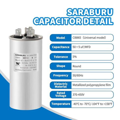 CBB65 مكثف 50+5 UF 50/5 MFD ± 5 ٪ 370V/440VAC استبدال مكثف RUN DUAL FOR HVAC ، مكيف مكثف بشكل مستقيم ، محرك AC ، مضخة حرارة in Saudi Arabia