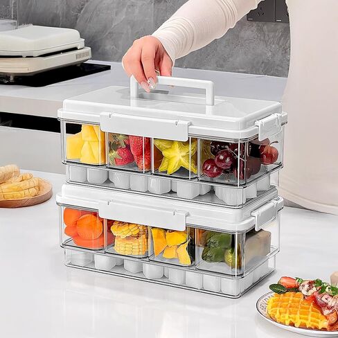 2Pack Chilled Condiment Caddy with 4 Containers 4 Lids Fruit Serving Tray Platter with Handle Portable Snackle Box Organizer Server with Ice Pack for Mimosa Bar Supplies,Salad,Taco,Party Garnish,White in Kuwait