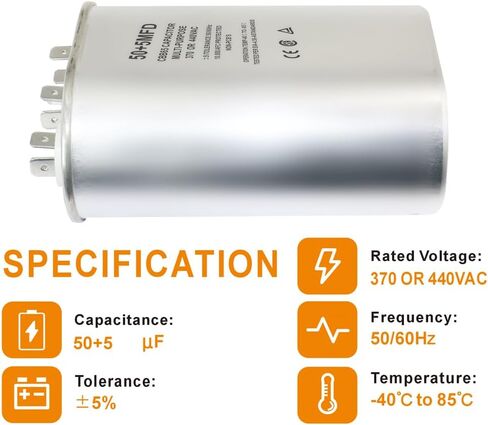 CBB65 Oval Start Capacitor with Dual Run Function, 50+5 uF ±5% 440VAC Combination Capacitor for Air Conditioner Units, Fan Motor Start, Heat Pumps, Condensers in Straight Cool Systems (50 + 5 uf, 2) in Saudi Arabia