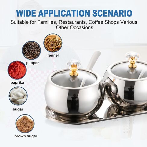 304 Stainless Steel Seasoning Containers Set, Condiment Jar Spice Container with Lid Spoon and Tray, Sugar Storage Organizers with 3 Serving Spoons in Saudi Arabia