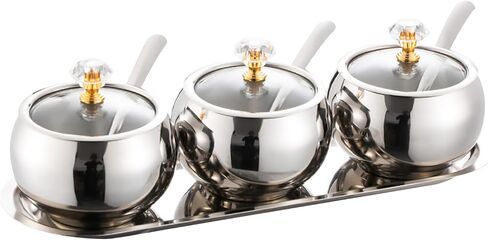 304 Stainless Steel Seasoning Containers Set, Condiment Jar Spice Container with Lid Spoon and Tray, Sugar Storage Organizers with 3 Serving Spoons in Saudi Arabia