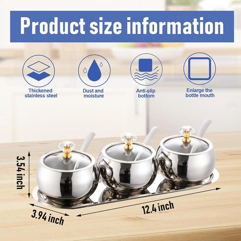 304 Stainless Steel Seasoning Containers Set, Condiment Jar Spice Container with Lid Spoon and Tray, Sugar Storage Organizers with 3 Serving Spoons in Saudi Arabia