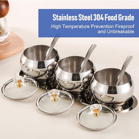 304 Stainless Steel Seasoning Containers Set, Condiment Jar Spice Container with Lid Spoon and Tray, Sugar Storage Organizers with 3 Serving Spoons in Saudi Arabia