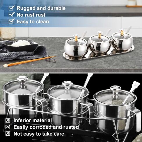 304 Stainless Steel Seasoning Containers Set, Condiment Jar Spice Container with Lid Spoon and Tray, Sugar Storage Organizers with 3 Serving Spoons in Saudi Arabia