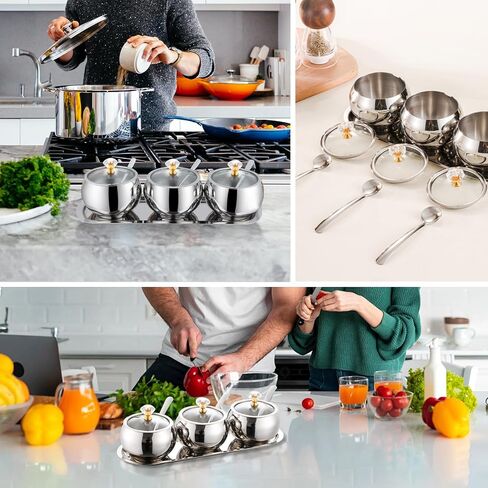 304 Stainless Steel Seasoning Containers Set, Condiment Jar Spice Container with Lid Spoon and Tray, Sugar Storage Organizers with 3 Serving Spoons in Saudi Arabia